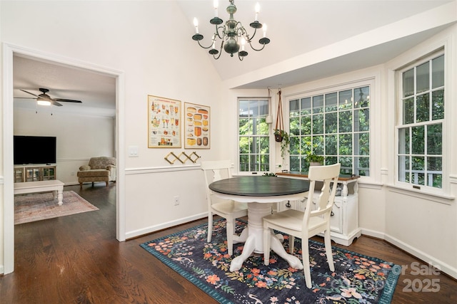 139 Palaside Dr NE, Concord, NC 28025 - dining area featuring a chandelier, dark wood finished floors, healthy amount of natural light, and lofted ceiling