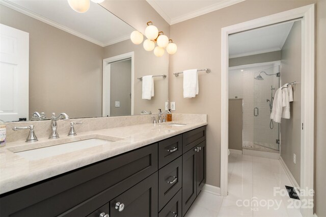 139 Palaside Dr NE, Concord, NC 28025 - full bath with double vanity, a shower stall, and crown molding
