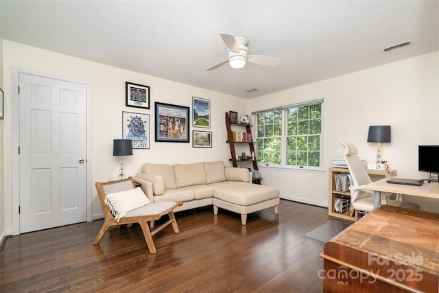 139 Palaside Dr NE, Concord, NC 28025 - living room featuring ceiling fan, dark wood-style floors, and an office area