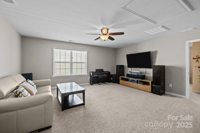 1569 Shannon Falls Dr, Fort Mill, SC 29715 - living room featuring attic access, light carpet, and a ceiling fan