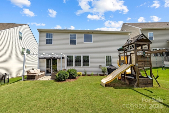 1569 Shannon Falls Dr, Fort Mill, SC 29715 - rear view of house featuring a pergola, a playground, an outdoor hangout area, and a lawn