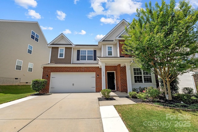 1569 Shannon Falls Dr, Fort Mill, SC 29715 - view of front of house with brick siding, driveway, a front lawn, an attached garage, and board and batten siding