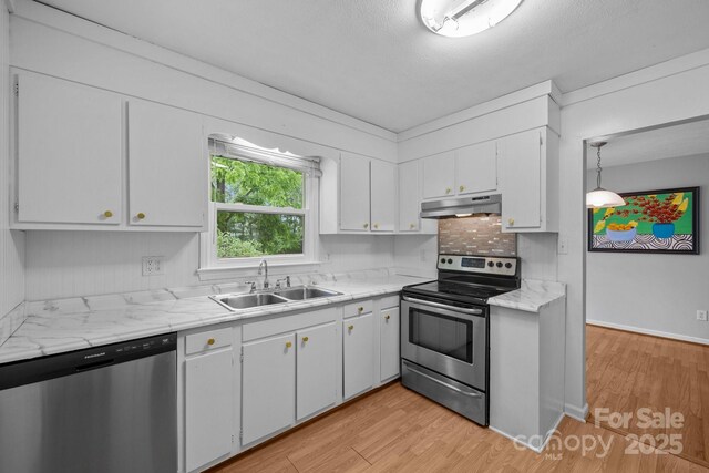 20 Summit Dr, Arden, NC 28704 - kitchen featuring appliances with stainless steel finishes, under cabinet range hood, light wood-type flooring, white cabinetry, and backsplash