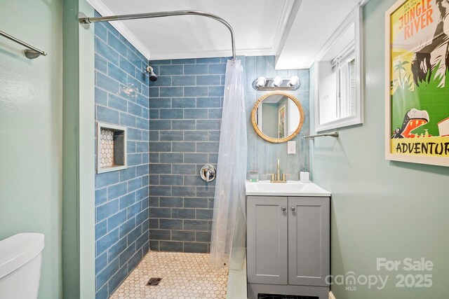 419 E Blue Ridge Rd, East Flat Rock, NC 28726 - full bathroom featuring crown molding, tiled shower, and vanity