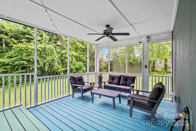419 E Blue Ridge Rd, East Flat Rock, NC 28726 - sunroom with an outdoor hangout area, a ceiling fan, and rail lighting