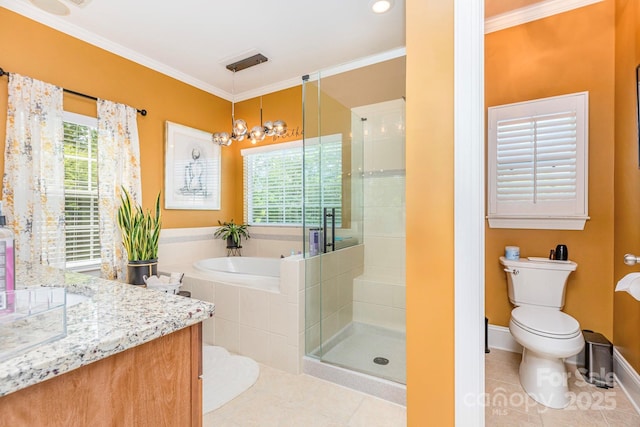 10203 Loch Lomond Dr, Charlotte, NC 28278 - bathroom featuring tile patterned floors, vanity, a garden tub, a stall shower, and crown molding