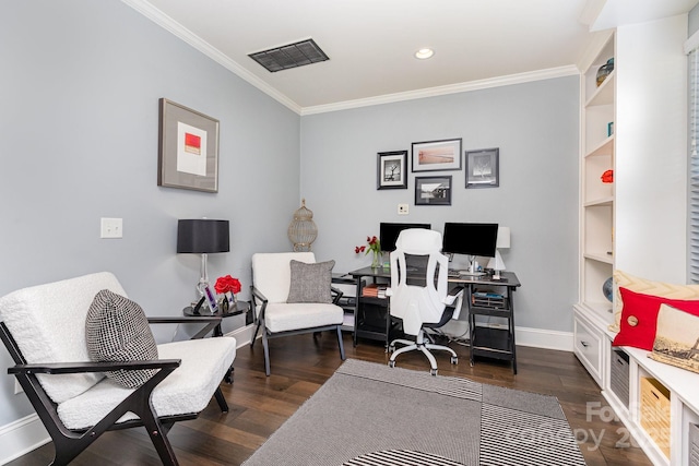 10203 Loch Lomond Dr, Charlotte, NC 28278 - office area featuring ornamental molding, dark wood-style flooring, and recessed lighting
