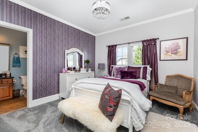10203 Loch Lomond Dr, Charlotte, NC 28278 - bedroom featuring crown molding, a chandelier, connected bathroom, wallpapered walls, and carpet floors