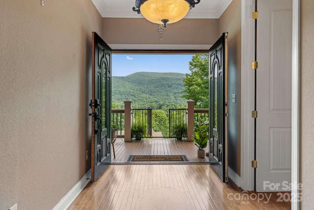6 Grouse Ter, Fairview, NC 28730 - doorway with hardwood / wood-style floors, ornamental molding, a textured wall, a mountain view, and a wooded view
