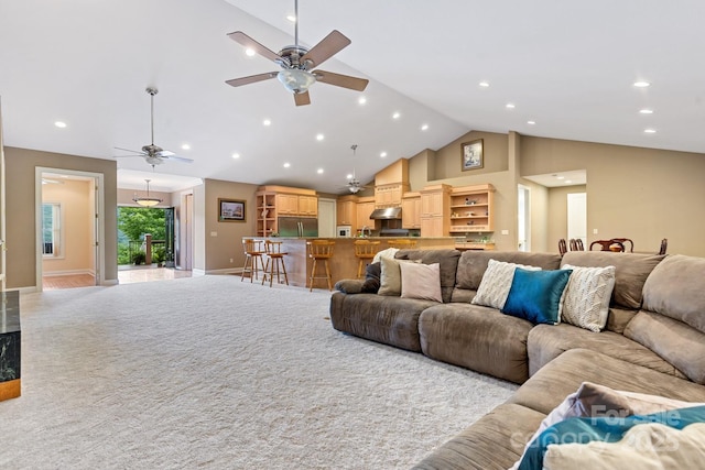 6 Grouse Ter, Fairview, NC 28730 - living area with ceiling fan, recessed lighting, light carpet, and high vaulted ceiling