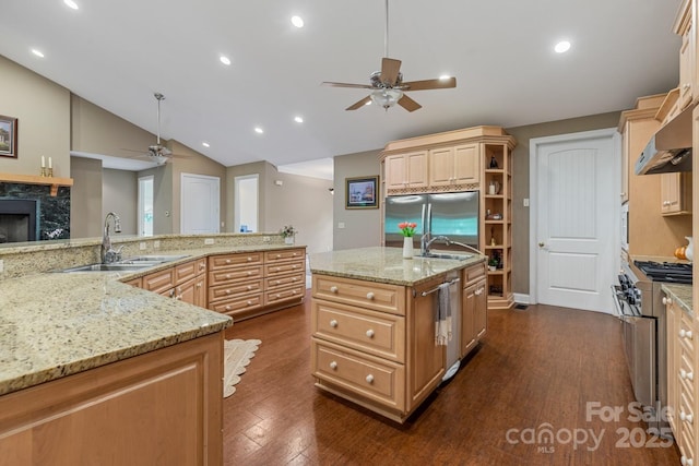 6 Grouse Ter, Fairview, NC 28730 - kitchen featuring ceiling fan, a large island, stainless steel appliances, lofted ceiling, and light brown cabinetry