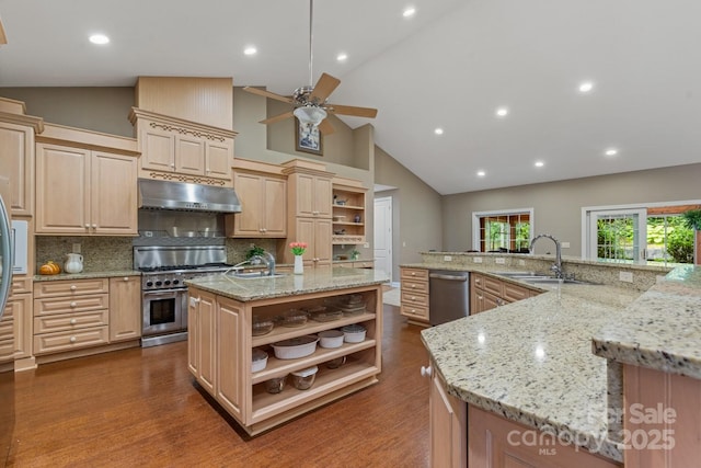 6 Grouse Ter, Fairview, NC 28730 - kitchen featuring open shelves, under cabinet range hood, a spacious island, stainless steel appliances, and light brown cabinetry