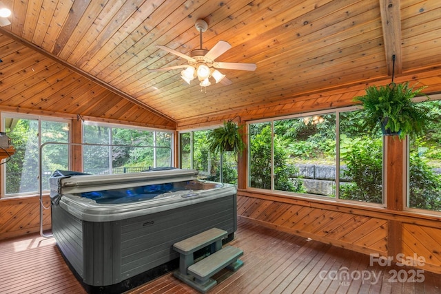 6 Grouse Ter, Fairview, NC 28730 - sunroom / solarium featuring a hot tub, lofted ceiling, ceiling fan, and healthy amount of natural light