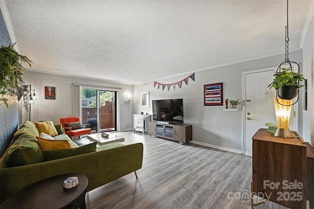 4736 Hedgemore Dr Unit K, Charlotte, NC 28209 - living room with a textured ceiling, wood finished floors, and crown molding