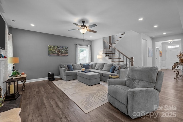 322 Ethan Ln, Rock Hill, SC 29732 - living room featuring stairway, ceiling fan, wood finished floors, and recessed lighting