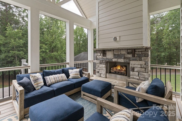 8283 Long Island Rd, Catawba, NC 28609 - sunroom featuring an outdoor living space with a fireplace and vaulted ceiling