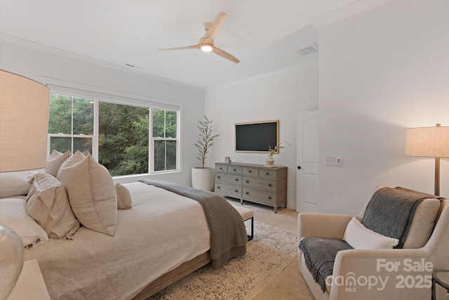 8283 Long Island Rd, Catawba, NC 28609 - bedroom featuring crown molding, light colored carpet, and a ceiling fan