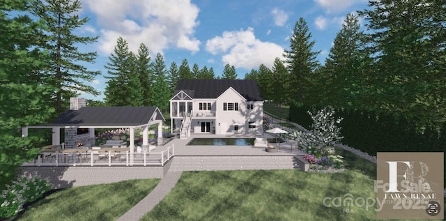 8283 Long Island Rd, Catawba, NC 28609 - rear view of property with a wooden deck, stairs, an outdoor pool, a lawn, and a chimney