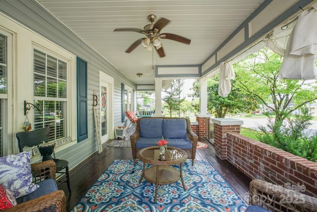 153 S Center St, Taylorsville, NC 28681 - covered porch with an outdoor living space and a ceiling fan