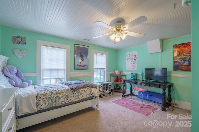 153 S Center St, Taylorsville, NC 28681 - bedroom with carpet flooring, ceiling fan, wainscoting, and wooden ceiling