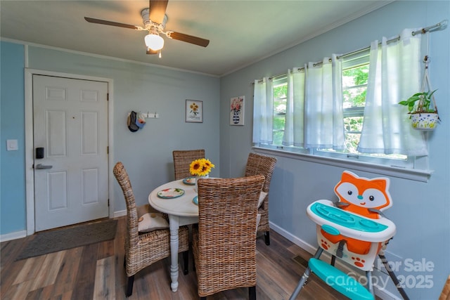 86 Pine Grove Dr, Andrews, NC 28901 - dining space featuring wood finished floors, a ceiling fan, and crown molding