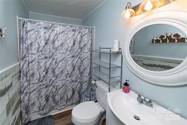 86 Pine Grove Dr, Andrews, NC 28901 - bathroom with crown molding, wood finished floors, vanity, and a shower with curtain