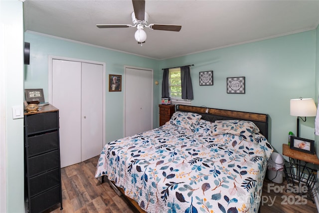 86 Pine Grove Dr, Andrews, NC 28901 - bedroom with wood finished floors, ornamental molding, two closets, and ceiling fan