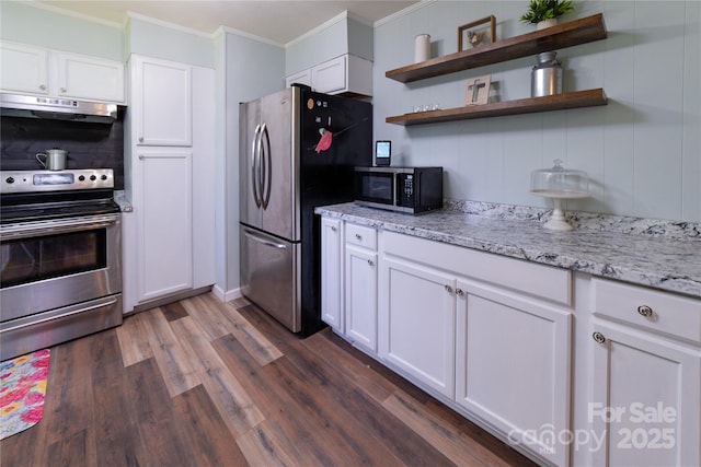 86 Pine Grove Dr, Andrews, NC 28901 - kitchen featuring appliances with stainless steel finishes, under cabinet range hood, crown molding, dark wood-style floors, and white cabinetry