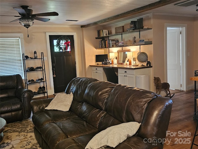 180 Vance Price Rd, Forest City, NC 28043 - living area with ornamental molding, wood finished floors, ceiling fan, and baseboards