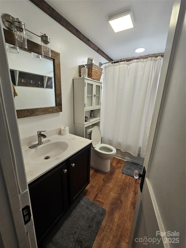 180 Vance Price Rd, Forest City, NC 28043 - bathroom featuring toilet, wood finished floors, vanity, and a shower with curtain