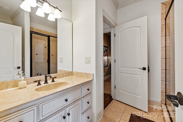 1500 Lookout Cir, Waxhaw, NC 28173 - full bathroom featuring ornamental molding, vanity, tile patterned floors, and a tile shower