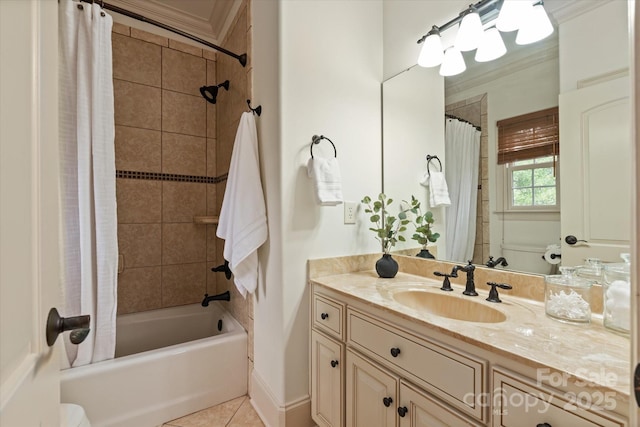 1500 Lookout Cir, Waxhaw, NC 28173 - full bath with vanity, shower / bath combo with shower curtain, tile patterned floors, and ornamental molding