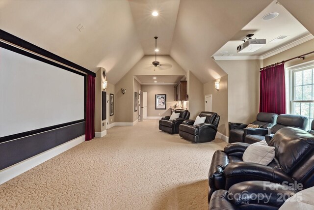 1500 Lookout Cir, Waxhaw, NC 28173 - carpeted cinema with lofted ceiling, ceiling fan, ornamental molding, and recessed lighting