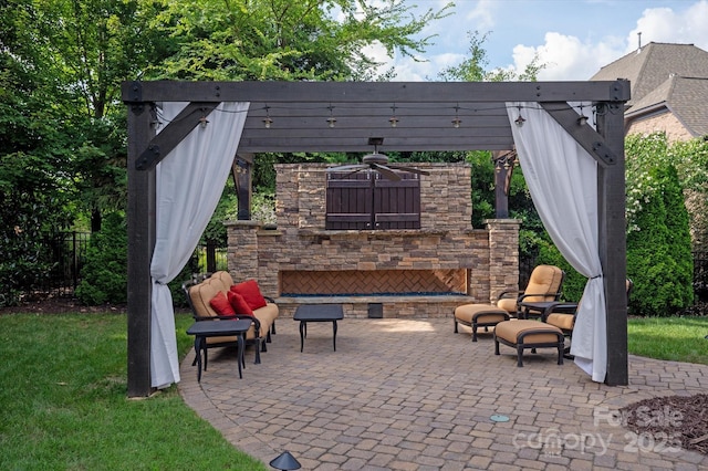 1500 Lookout Cir, Waxhaw, NC 28173 - view of patio / terrace with an outdoor stone fireplace and ceiling fan