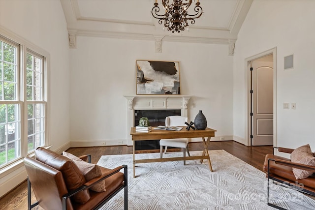 1500 Lookout Cir, Waxhaw, NC 28173 - office with wood finished floors, a chandelier, and crown molding