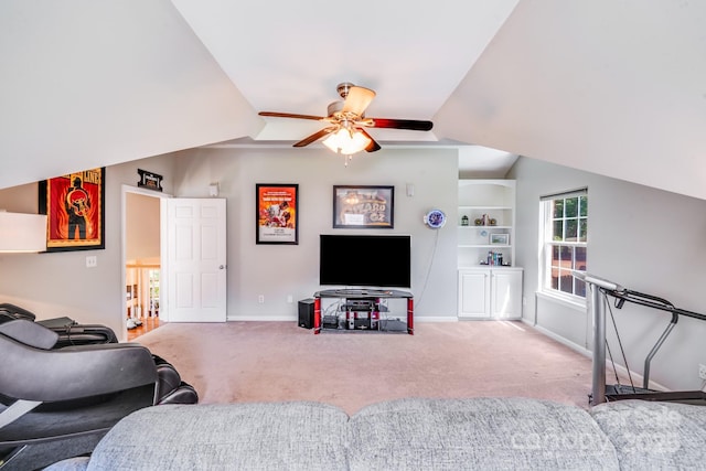 15811 Burlingame Dr, Huntersville, NC 28078 - carpeted living area with a ceiling fan, built in features, and vaulted ceiling