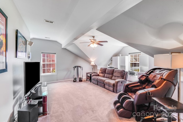 15811 Burlingame Dr, Huntersville, NC 28078 - carpeted living area with lofted ceiling and a ceiling fan