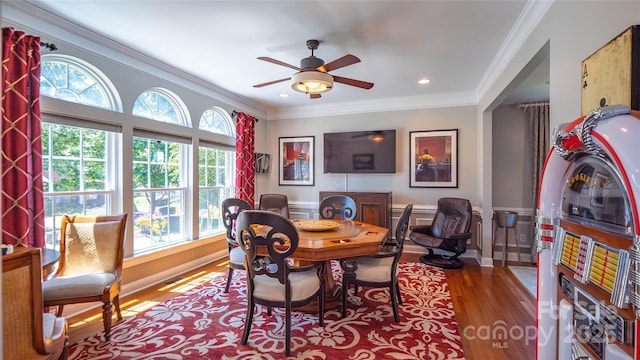 15811 Burlingame Dr, Huntersville, NC 28078 - dining room with wood finished floors, ornamental molding, a ceiling fan, and recessed lighting