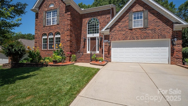 15811 Burlingame Dr, Huntersville, NC 28078 - traditional-style home featuring driveway, brick siding, a front yard, and a garage