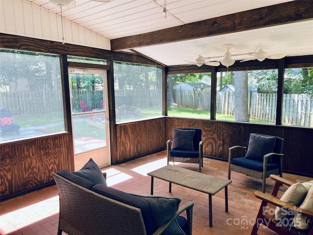 4000 Garfield Ct, Waxhaw, NC 28173 - sunroom featuring ceiling fan, plenty of natural light, beamed ceiling, and an outdoor hangout area