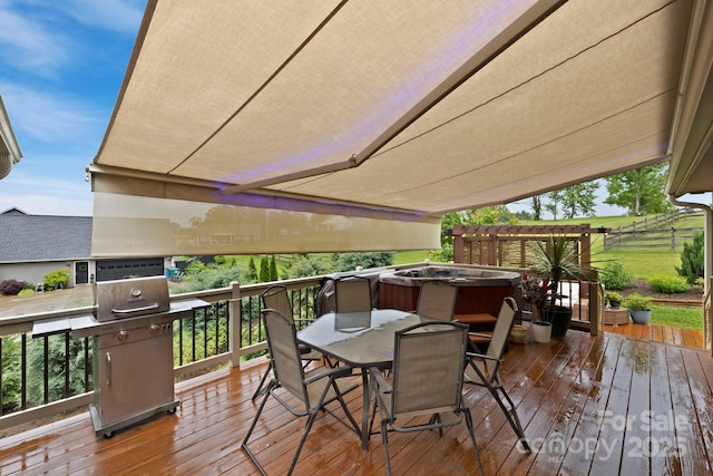 288 Ollie Weaver Rd, Weaverville, NC 28787 - wooden terrace with outdoor dining area, a hot tub, and a grill