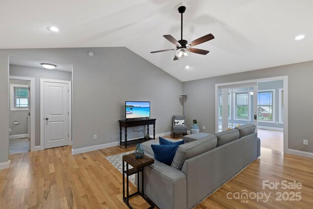 288 Ollie Weaver Rd, Weaverville, NC 28787 - living area with a ceiling fan, vaulted ceiling, light wood-type flooring, and recessed lighting