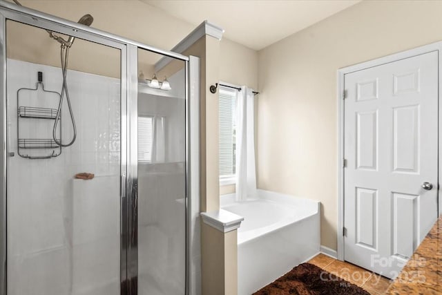 5111 Elementary View Dr, Charlotte, NC 28269 - full bathroom with a stall shower, a bath, and tile patterned flooring