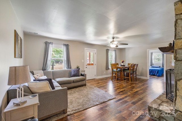 3980 English Oak Dr, Lincolnton, NC 28092 - living room with dark wood-type flooring, ceiling fan, and a fireplace