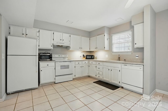 6044 Heath Valley Rd, Charlotte, NC 28210 - kitchen with white appliances, white cabinets, light countertops, and under cabinet range hood