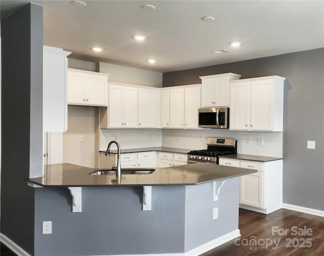5775 Soft Shell Dr Unit 310, Lancaster, SC 29720 - kitchen with stainless steel appliances, a sink, dark countertops, dark wood finished floors, and backsplash