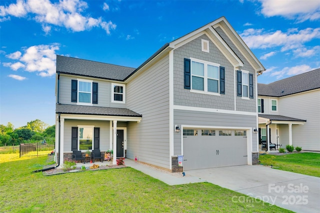 112 Aspire Cir, Wingate, NC 28174 - view of front of property with an attached garage, concrete driveway, covered porch, and stone siding