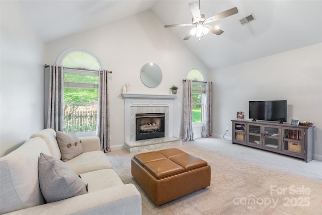 2079 Audubon Dr, Rock Hill, SC 29732 - carpeted living room featuring high vaulted ceiling, a ceiling fan, a fireplace, and baseboards