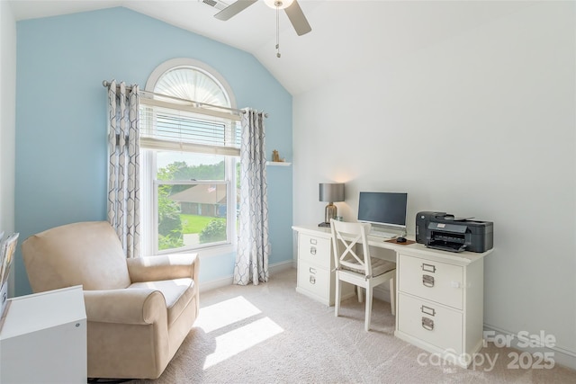 2079 Audubon Dr, Rock Hill, SC 29732 - office area featuring lofted ceiling, ceiling fan, baseboards, and light colored carpet