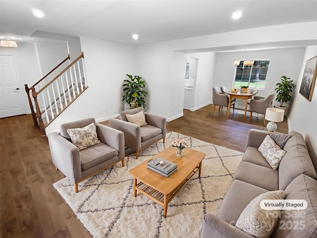 7134 Rollingridge Dr, Charlotte, NC 28211 - living room featuring stairway, wood finished floors, recessed lighting, and baseboards
